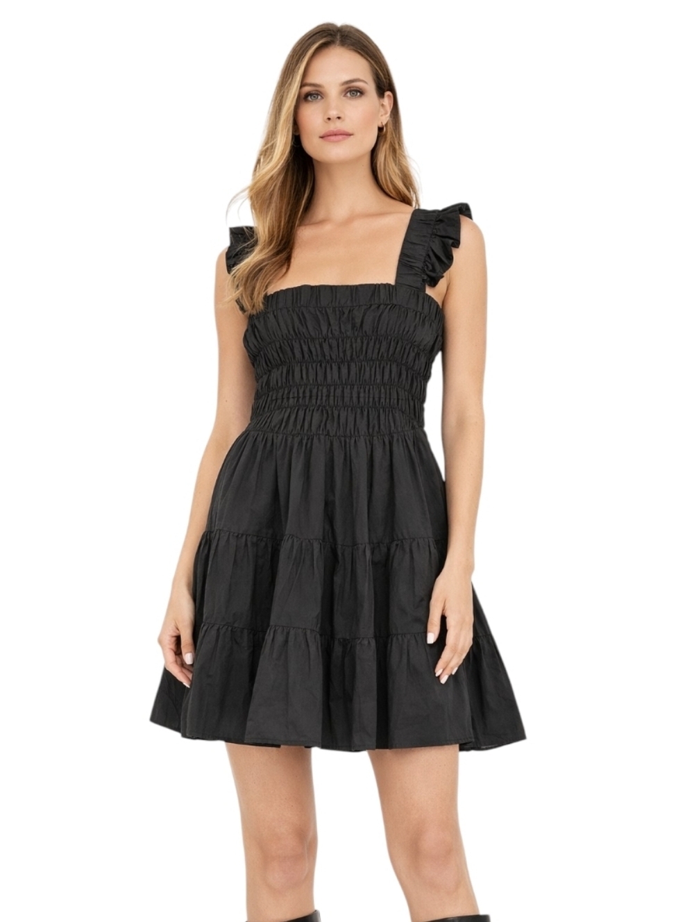 Greylin Anthropologie Black Smocked Tiered Mini Dress 100% Cotton Women's Large